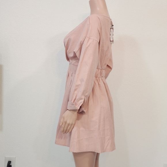 BOOHOO Pink Off the Shoulder Wrap Front Skater Dress Long Sleeves Women's Size 8 - Picture 5 of 12